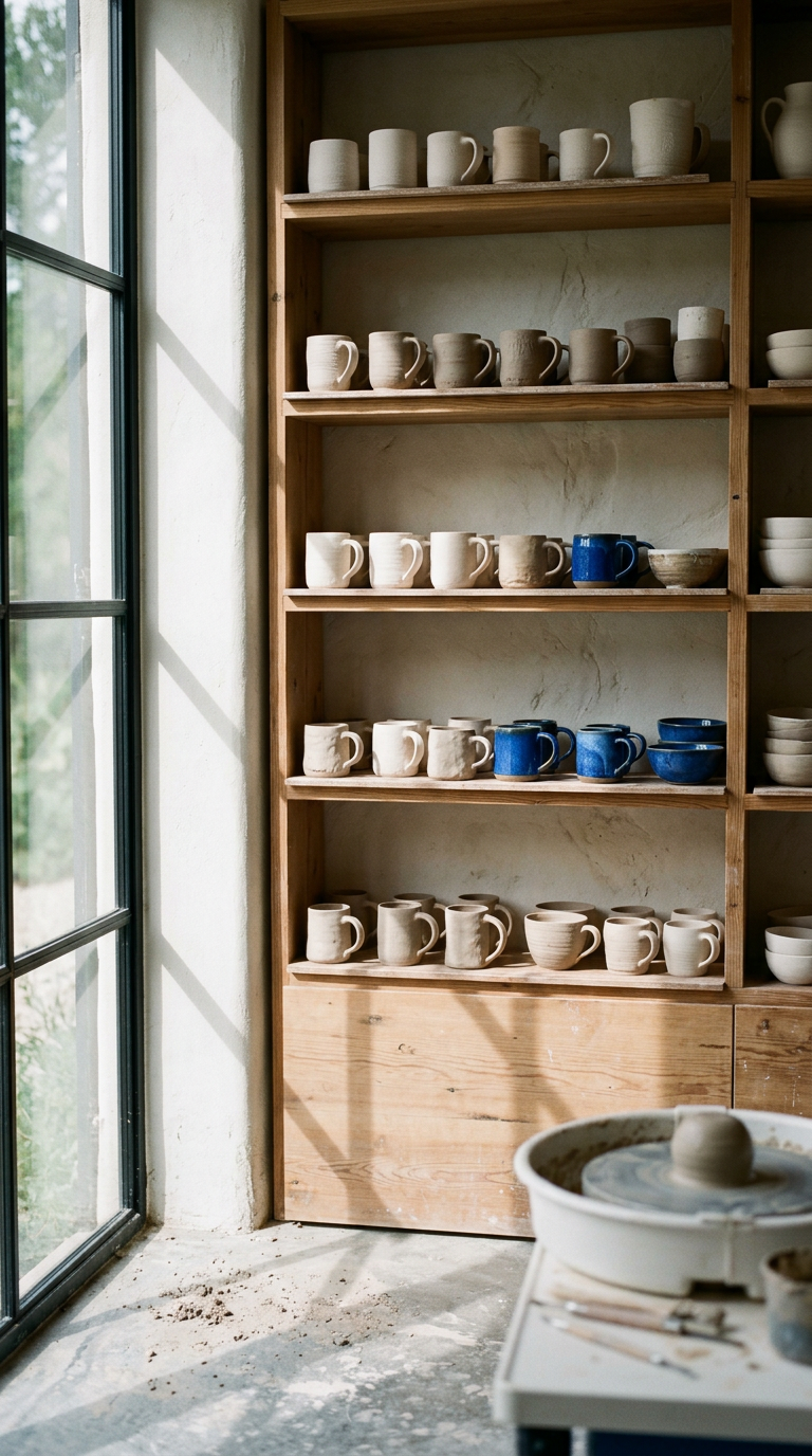 Pottery studio with a wheel and shelves of drying pots